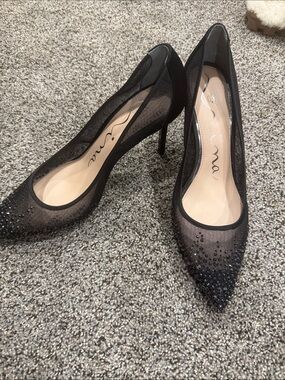 Nina Black Mesh Pointed Crystal Stiletto Pumps